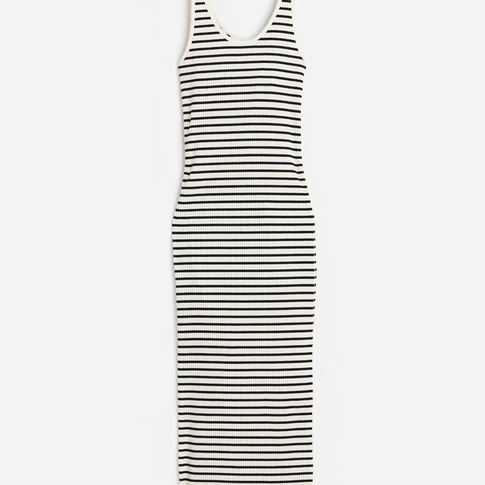 NWOT H&M Ribbed Cotton Black/White Striped Midi Dress Size XS